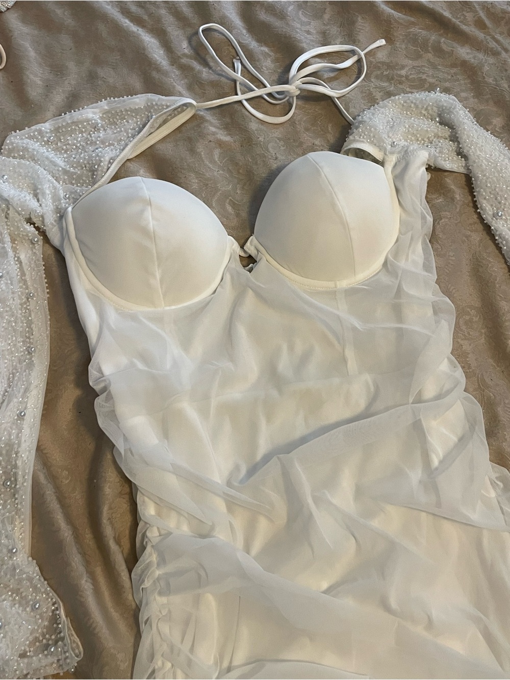 FASHION NOVA White Sheer Mesh Long-Sleeve Dress Size Large with Padded Cups